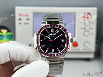 GRF Patek Philippe Nautilus 9015 Movement 35.2mm Women Red Diamond Bezel Black Face Watch